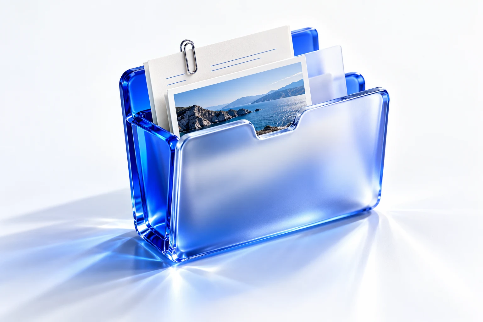 A sculpted blue glass folder holding neatly arranged documents and a coastal photograph